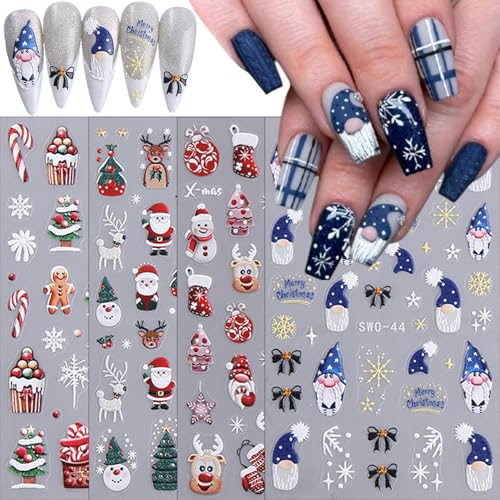 5D Embossed Christmas Nail Stickers Decals Santa Snowman 4 Sheets