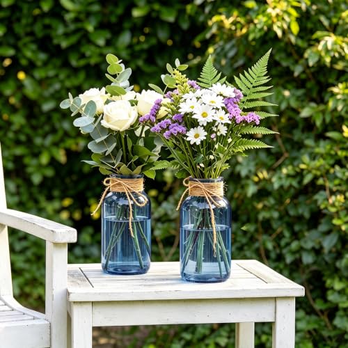 Dark Blue Mason Jars Set of 12 - Glass Flower Vase Centerpieces with Jute Tie
