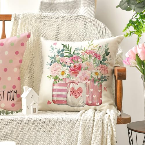 AVOIN colorlife Mother's Day Pink Throw Pillow Covers - Set of 4, 18x18 Inch Floral Cushion Cases for Sofa