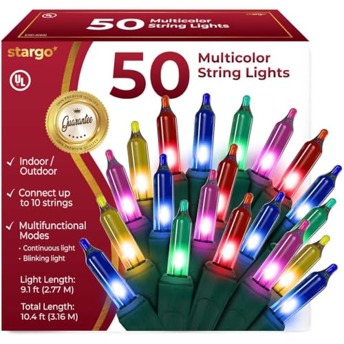 Green Multicolored Warm Christmas String Lights - 50 LED, 10.4ft