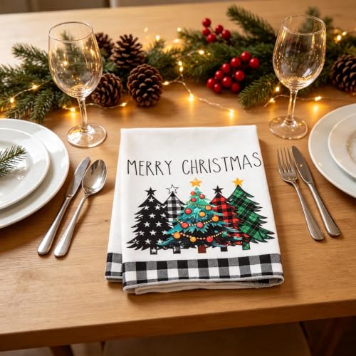 2Pcs Black White Buffalo Plaid Xmas Trees Christmas Dish Towels - Rustic Kitchen Decor