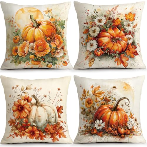 Fall Pillow Covers Set of 4 - 18x18 Inch Pumpkin & Leaves Design