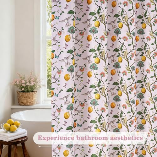 Fammio Pink Floral Hummingbird Shower Curtain, 72x72 Botanical Bath Decor