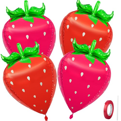 28-Inch Strawberry Balloons - 4 Pack 4D Mylar Foil Decorations