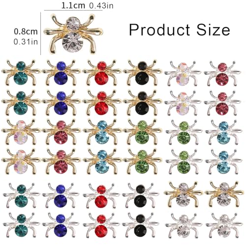 36 Pcs 3D Halloween Spider Nail Charms Rhinestones Metal Alloy Jewelry