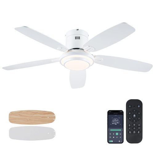 Hounberi Low Profile Ceiling Fan with Lights and Remote/APP, 50 Inch Modern Flush Mount Ceiling Fan with 3CCT 6-Speeds Quiet DC Motor,Dimmable 3-Color Temperatures for Living Room Bedroom(White)