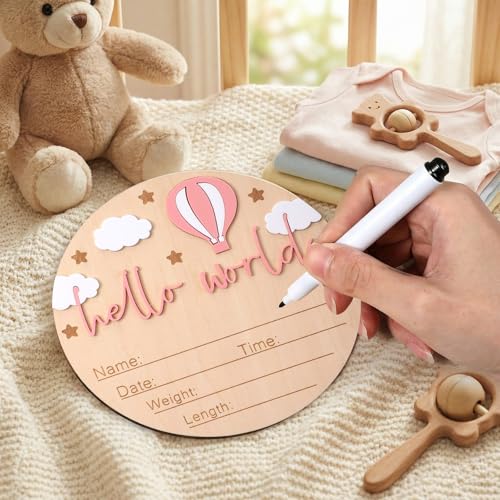 Baby Announcement Sign Wooden Newborn Welcome Hello World Photo Prop Pink
