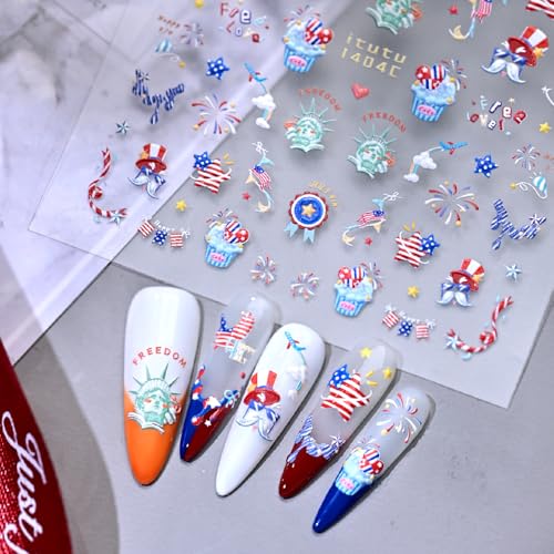 Quezadyl 3 Sheets 5D Independence Day Nail Stickers American Flag Decals