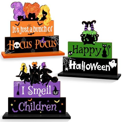 Halloween Wooden Table Signs Set - 3PCS Spooky Witch Decor