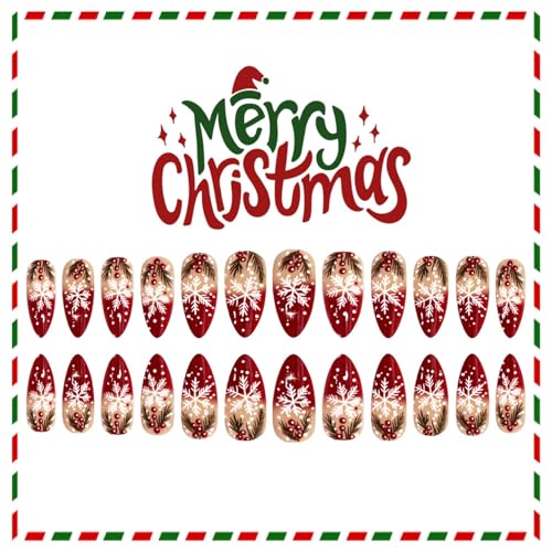 Christmas Press on Nails Medium Almond Red French Snowflake Fake Nails