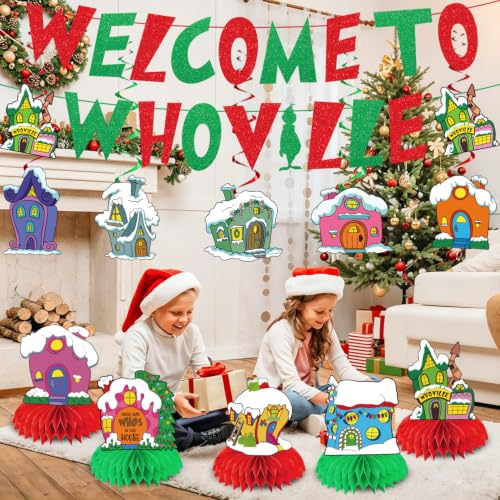 Christmas Banner Set with Snow Village & Holiday Decor - Red & Green