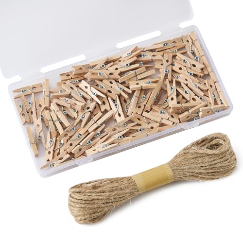 Natural Mini Wooden Clothespins Set with Jute Twine - 100 Pcs