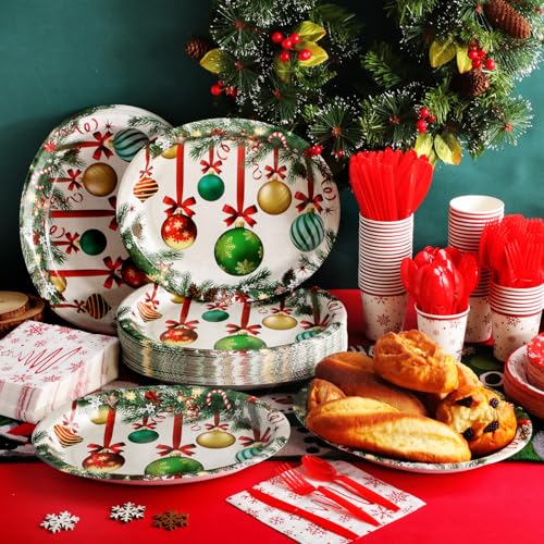 Christmas Ball Pattern Oval Paper Plates 10x12 Inches - Green, 100 Pack