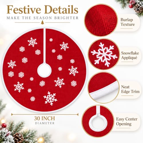 30 Inch Red Christmas Tree Skirt with White Snowflake Pattern - Holiday Home Decor