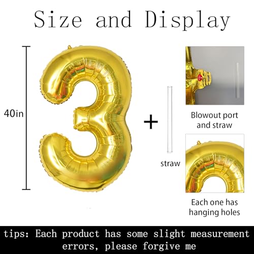 Keyali 40-Inch Gold Number 3 Foil Helium Balloon for Birthday Party Decor