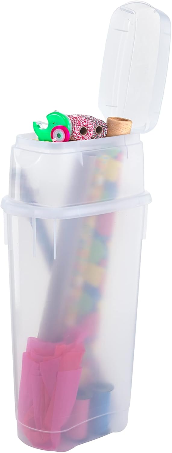 Rubbermaid Wrap N' Craft Plastic Wrapping Paper Organizer - Clear Storage for 20 Rolls & Top Compartment