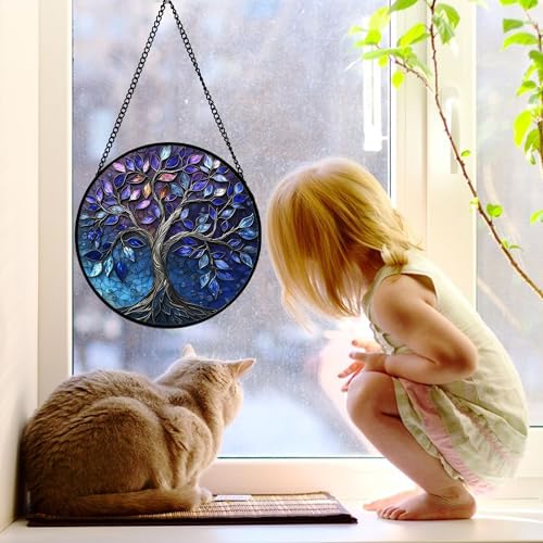 Blue Purple Tree of Life Stained Glass Window Hanging Suncatcher 9.8 Inch - Vibrant Home Decor