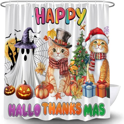Happy Hallothanksmas Cat Ghost Shower Curtain 70x70, White Holiday Decor