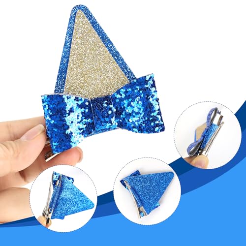 Blue Glitter Dog Ear Hair Clips with Bows 2 Pairs