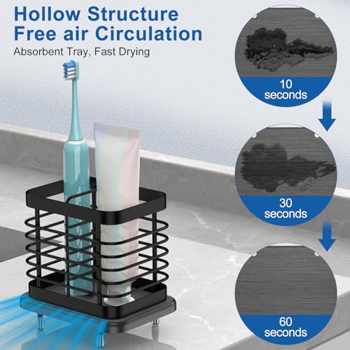 Wall Mounted Toothbrush Holder with Fast Dry Tray - 2 Slots, Black
