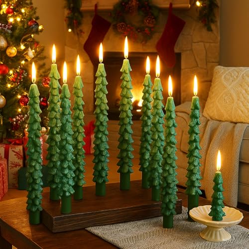 Green 12 Pc Christmas Tree Taper Candles - Unscented Holiday Decor