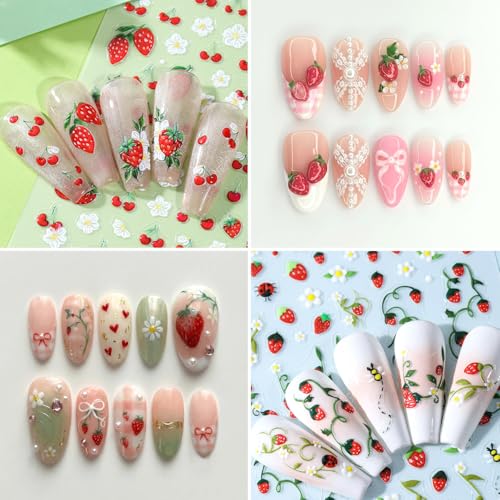 3D Embossed Floral Nail Art Stickers Daisy Strawberry Cherry Decals