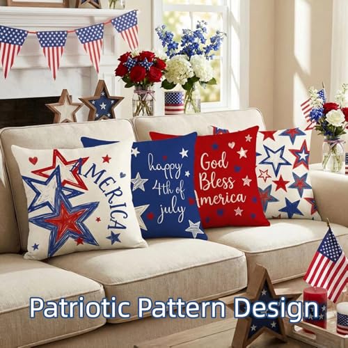 Honamonoy Patriotic Star Throw Pillow Covers 18x18 Inch Set of 4 - 4th of July & Independence Decor