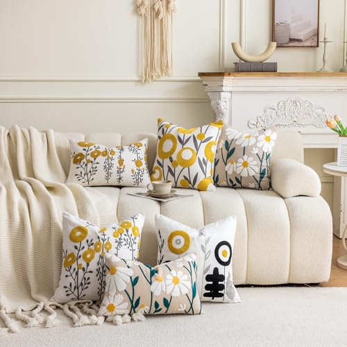 Boho Floral Tufted Throw Pillow Cover 18"x18" - Cotton Cushion for Sofa & Bed (Flower E)