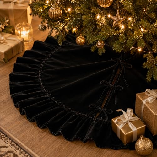 122cm Black Velvet Christmas Tree Skirt with Ruffled Edge and Bow Ties - Modern Holiday Decor