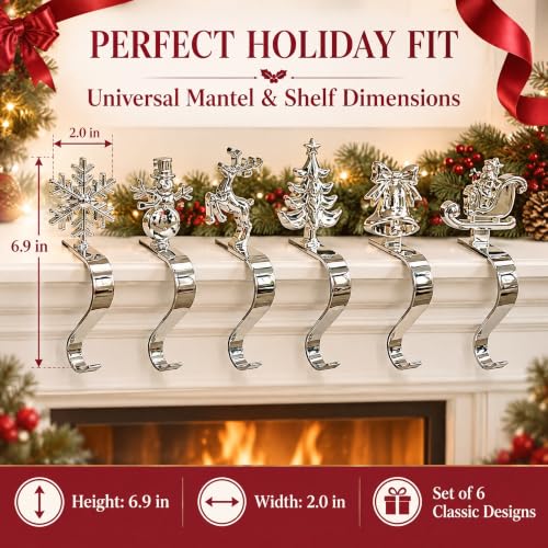 6 Pack Christmas Stocking Holders for Mantle - Iron Metal Hooks with Anti-Slip Pads