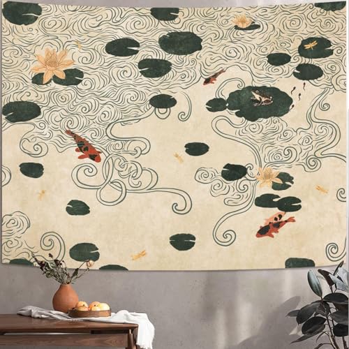 Lifeella Koi Pond Tapestry - Abstract Lotus Wall Hanging, 48"L x 36"W