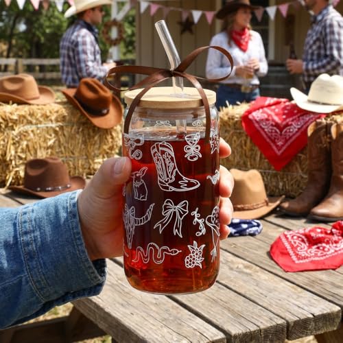 16oz Western Glass Tumbler with Lid & Straw - Perfect Cowgirl Gift