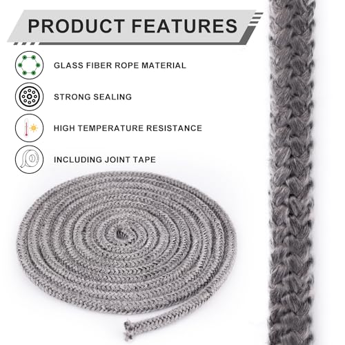 Fireproof Fiberglass Stove Rope Seal with 4 Joint Tapes - 6mm x 2.5m