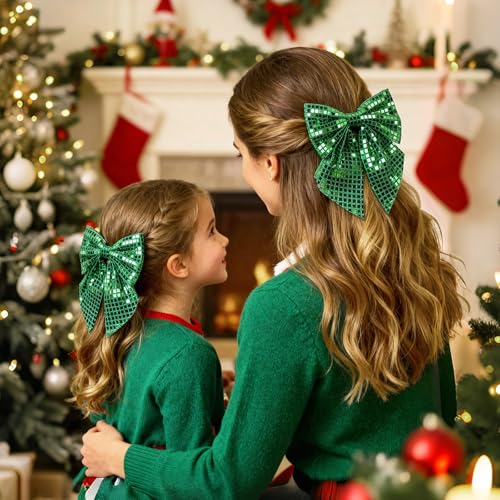 XIELIME Large 14-Inch Sequin Cheer Bow - Green Glitter Hair Clip with Alligator Clip for Cheerleaders and Sports