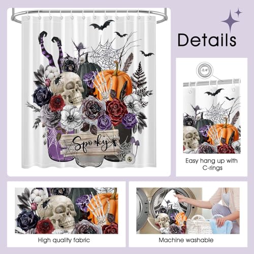 Mocsicka Purple Halloween Pumpkin Skeleton Witch Shower Curtain - 71x71 inch