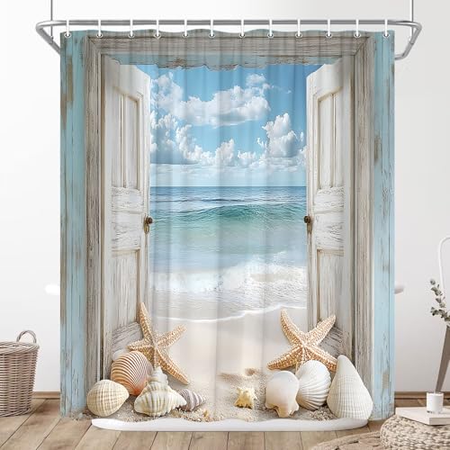 Coastal Beach Shower Curtain 70x70 inch | Nautical Design with Seashells