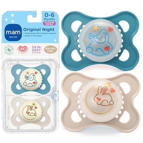 MAM Original Glow-in-the-Dark Pacifiers, 0-6 Months, Blue Teal/Cotton, 2 Pack