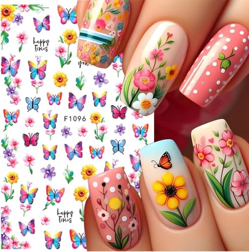Spring Floral Nail Stickers 5-Sheet Butterfly Daisy Art Decals DIY