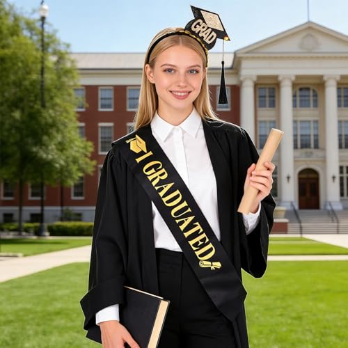 Graduation Cap Headband and Sash Set Black Gold Glitter Party Accessory