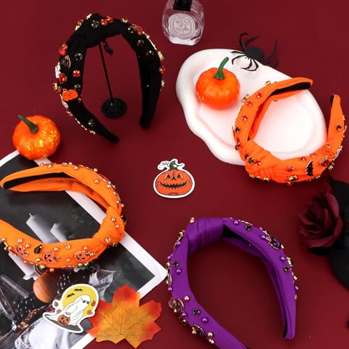 Araluky Jeweled Halloween Knotted Headband Spooky Pumpkin Hair Accessory