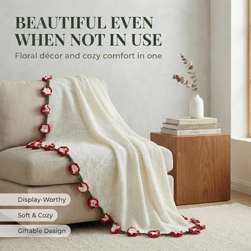 Red Carnation Crochet Flower Bouquet Blanket - Handmade Knitted Throw