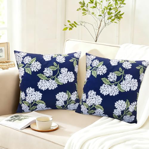 Blue Hydrangea Print 18x18 Inch Boho Farmhouse Throw Pillow Covers Set of 2
