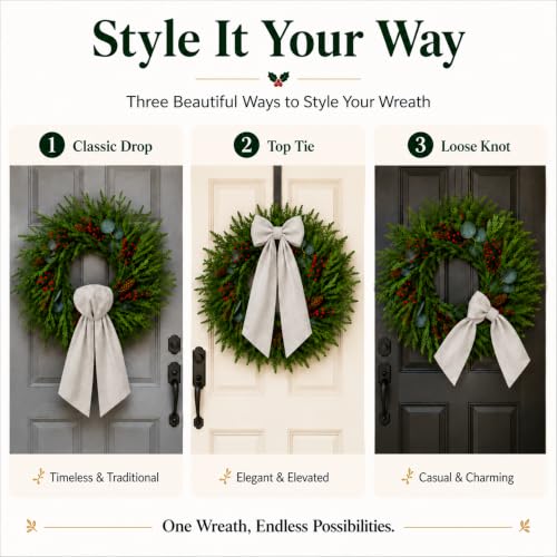 24 Inch Christmas Wreath for Front Door with Decorative Sash - Faux Norfolk Pine Berries & Pinecones - Farmhouse Holiday Decor - Red