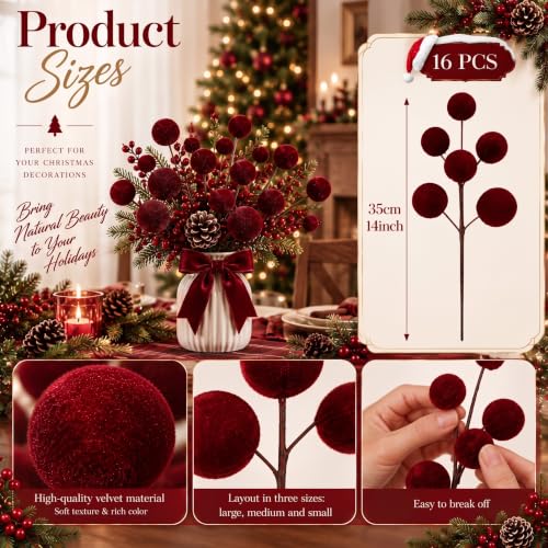 Velvet Christmas Tree Picks Set - Burgundy, 16 Pieces, 14 Inch Holiday Decor