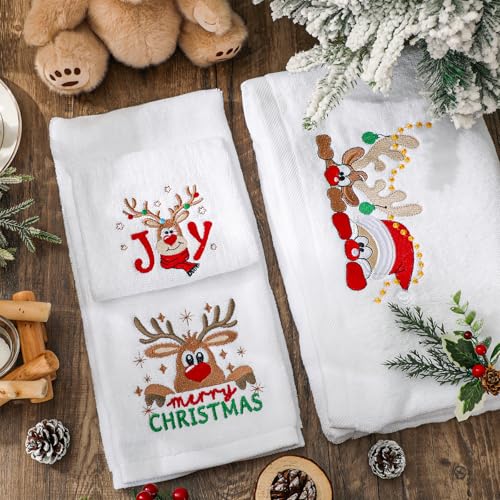 Christmas Embroidered Cotton Bathroom Towels Set of 3 - Santa Reindeer Holiday Decor