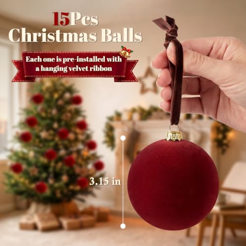 Red Velvet Christmas Tree Ornaments Set - 15 Shatterproof Holiday Decorations