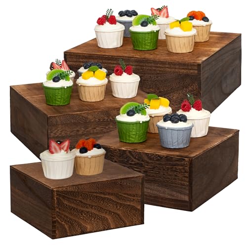 12-Inch Wooden Cake Stands Set - Antique Brown, 4 Pieces