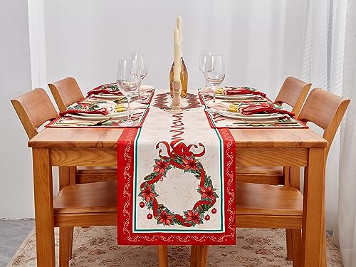 Christmas Table Runner 14 x 72 Poinsettia Ribbon Printed Fabric Holiday Decor - Variation of Christmas Time / 14" x 72"