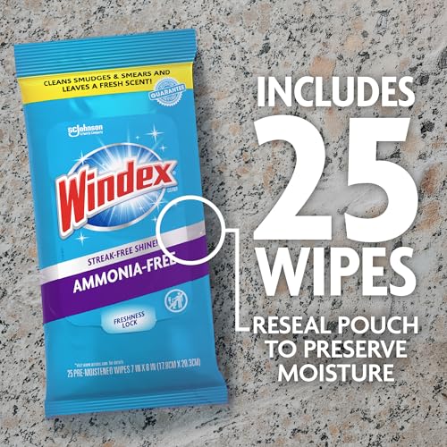 Windex Ammonia-Free Glass and Window Cleaning Wipes, 25 Count - Pack of 1, Streak-Free Surface Cleaner