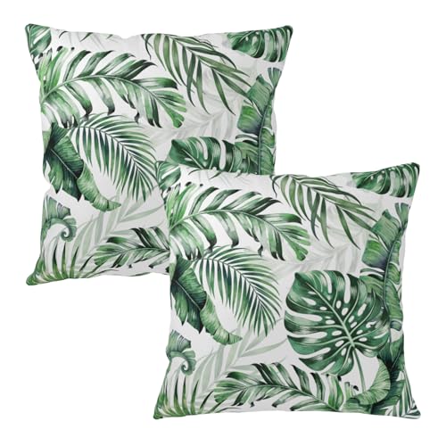 Tropical Palm Leaf Pillow Covers 18x18 Set of 2, Cotton Linen Throw Cases